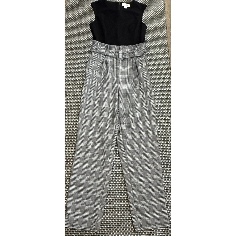 Elle Womens Plaid Paper bag Jumpsuit Business Casual Back Zip Black White Sz S